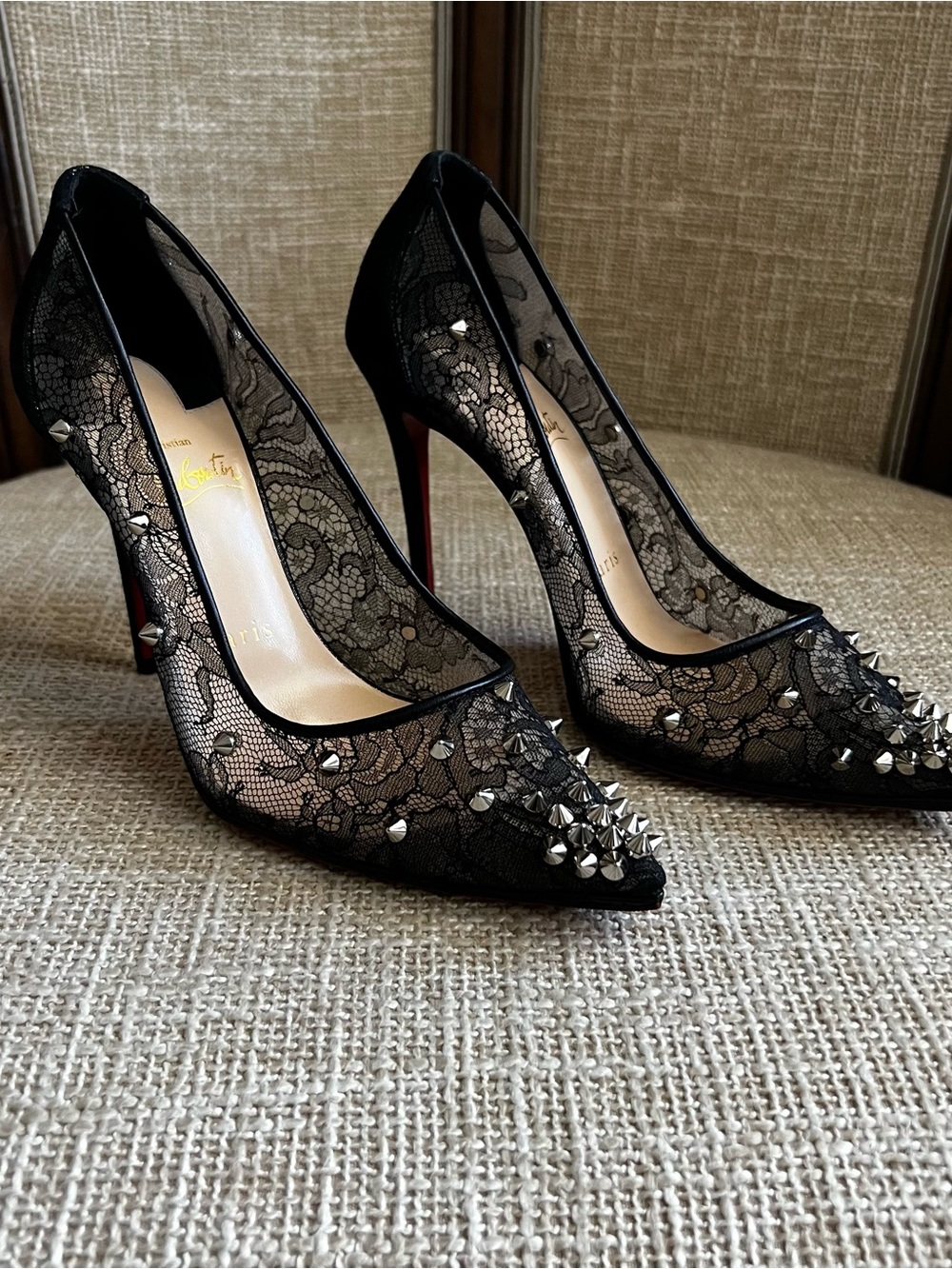 Christian Louboutin Black Lace Pointed Spike-Embellished Pumps